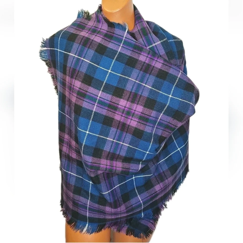 Fringed Blanket Wrap Scarf Purple Tartan Plaid Scottish Kilt Sz 24/70